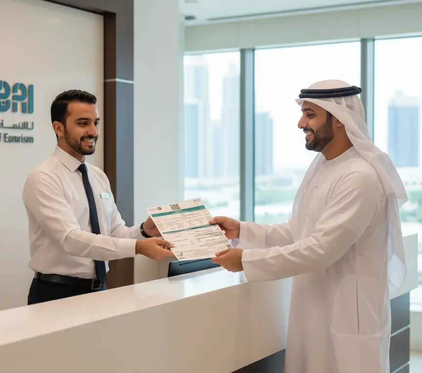 موظف يسلم رخصة تجارية في دبي لعميل مبتسم