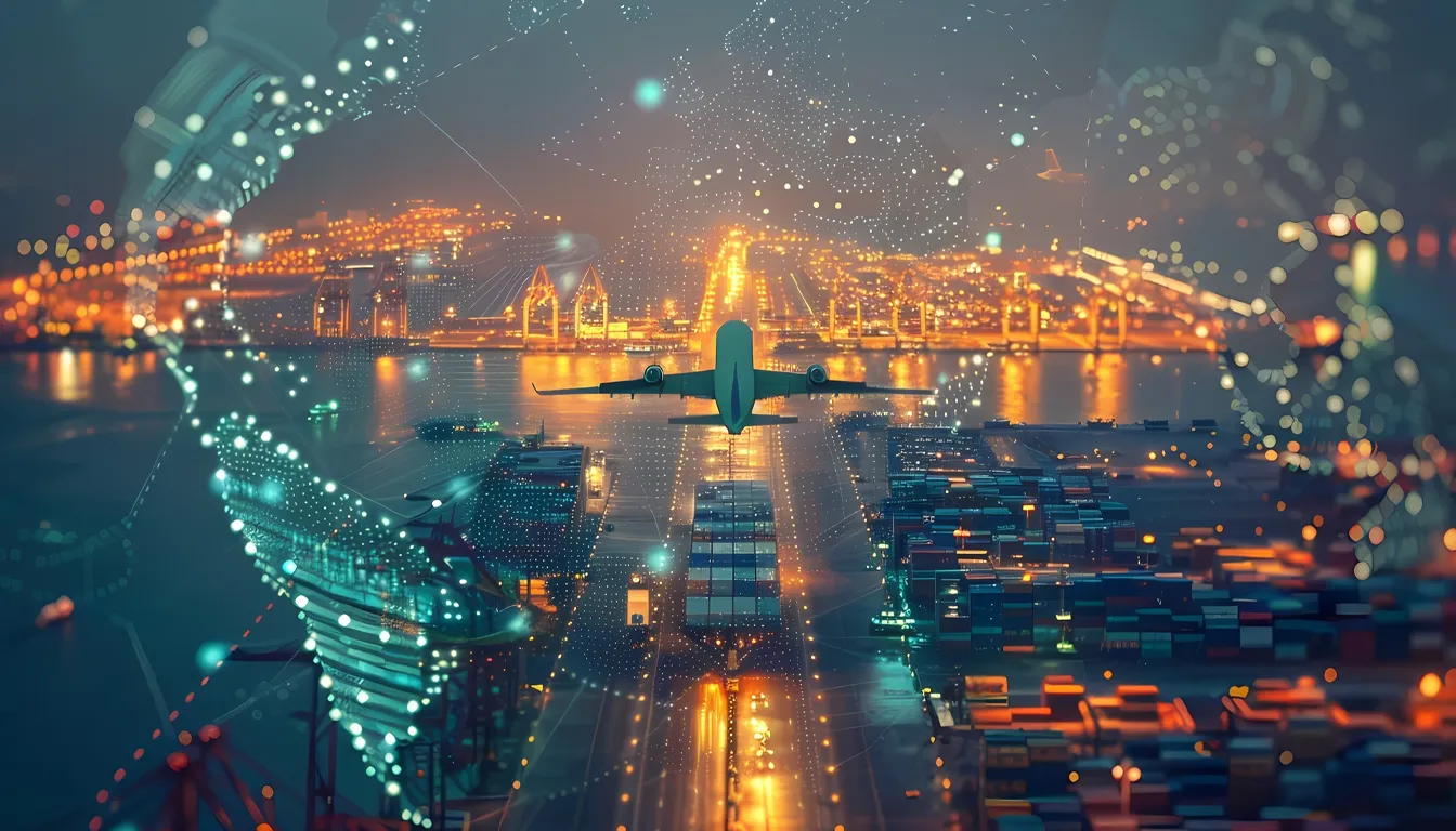 سفينة شحن ضخمة في ميناء جبل علي وخريطة العالم في الخلفية، ترمز إلى التجارة العالمية