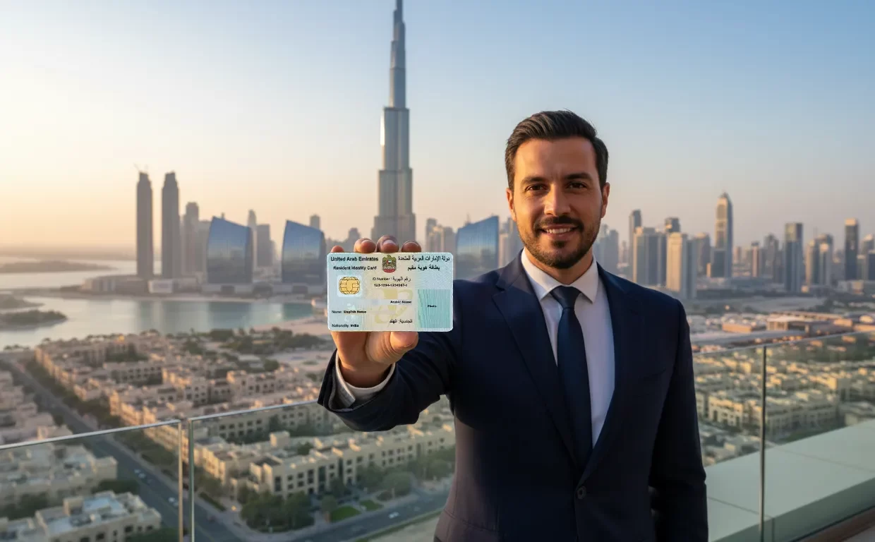 مستثمر يحمل بطاقة إقامة دبي أمام أفق دبي