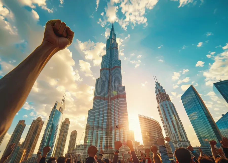 investor in Dubai skyline; DFM NIN app on phone; Dubai property investment meeting