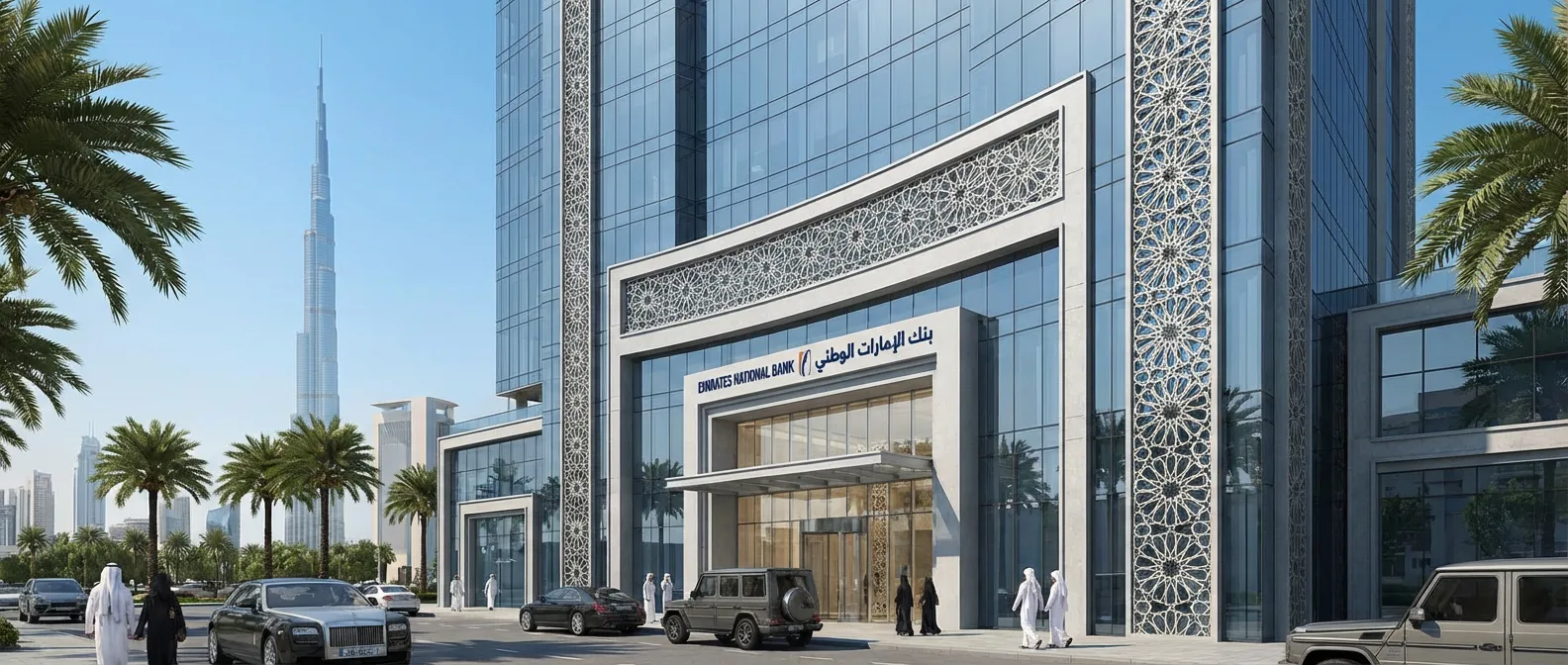 A smartphone showing a banking app dashboard next to a UAE trade license on a desk