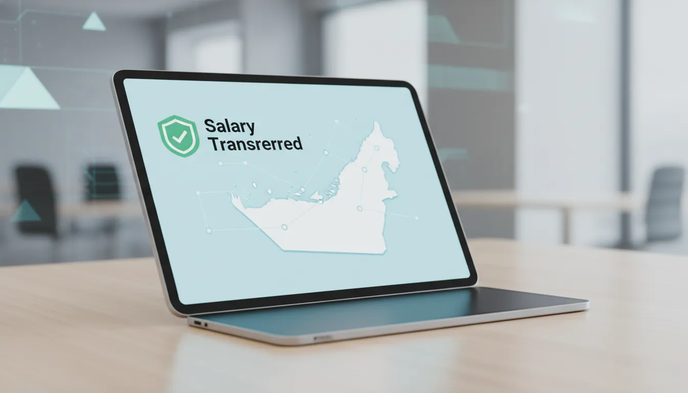 A digital screen showing a salary transfer being processed successfully with a green checkmark