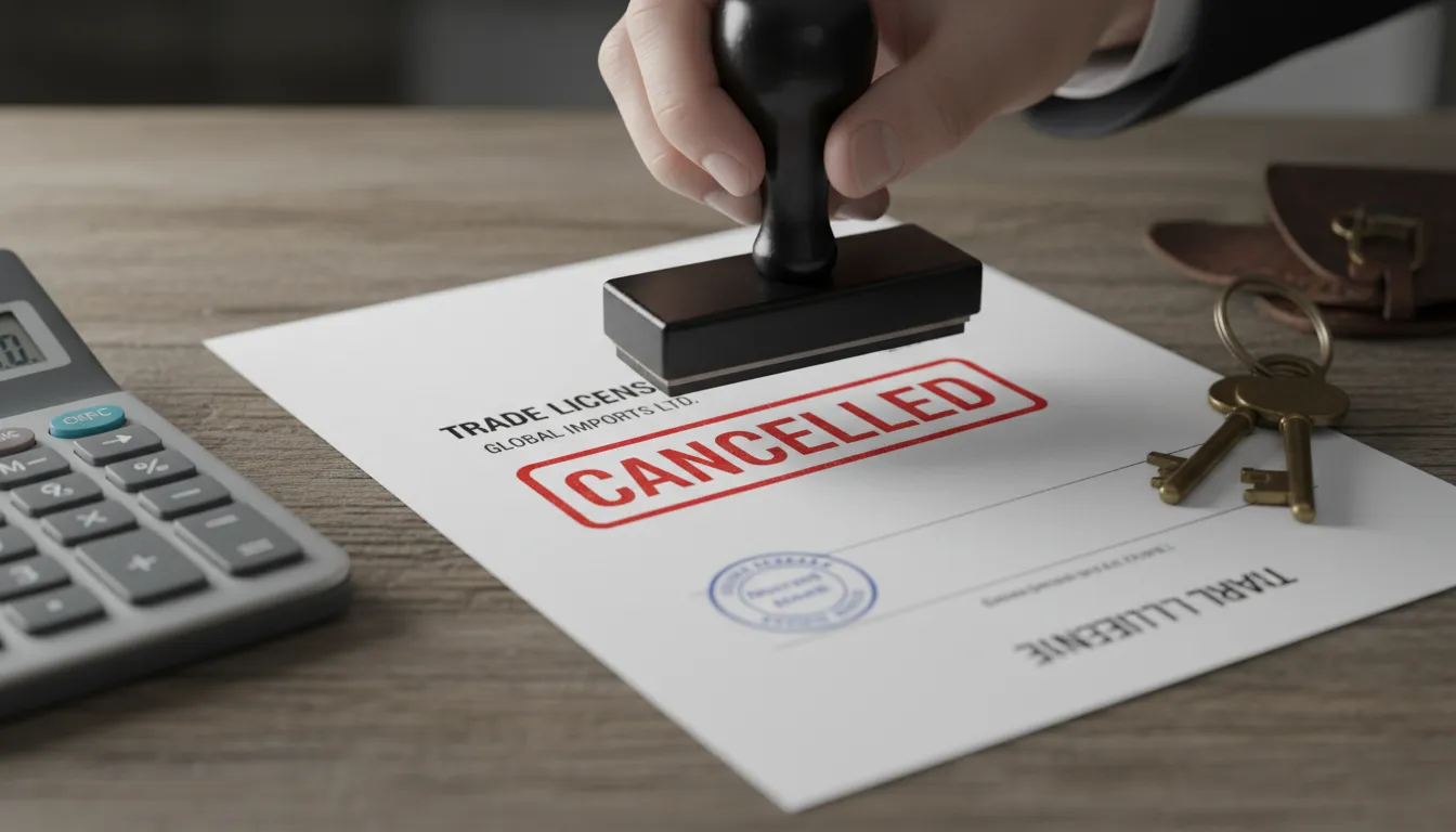 يد تقوم بختم ورقة رسمية بختم "ملغى" أو "Cancelled" مع خلفية مكتبية