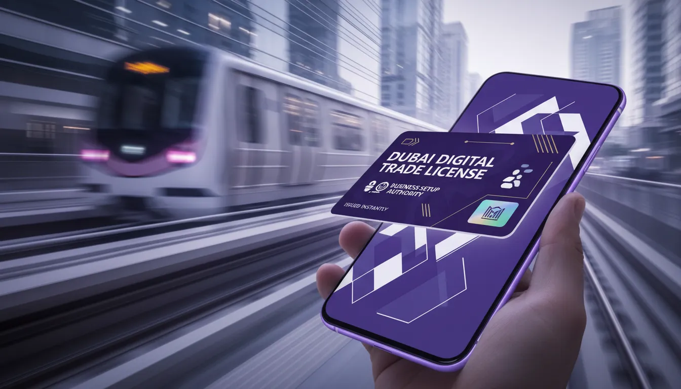 A smartphone screen displaying a digital trade license with a "Approved" stamp, held by a businessman in an airport lounge