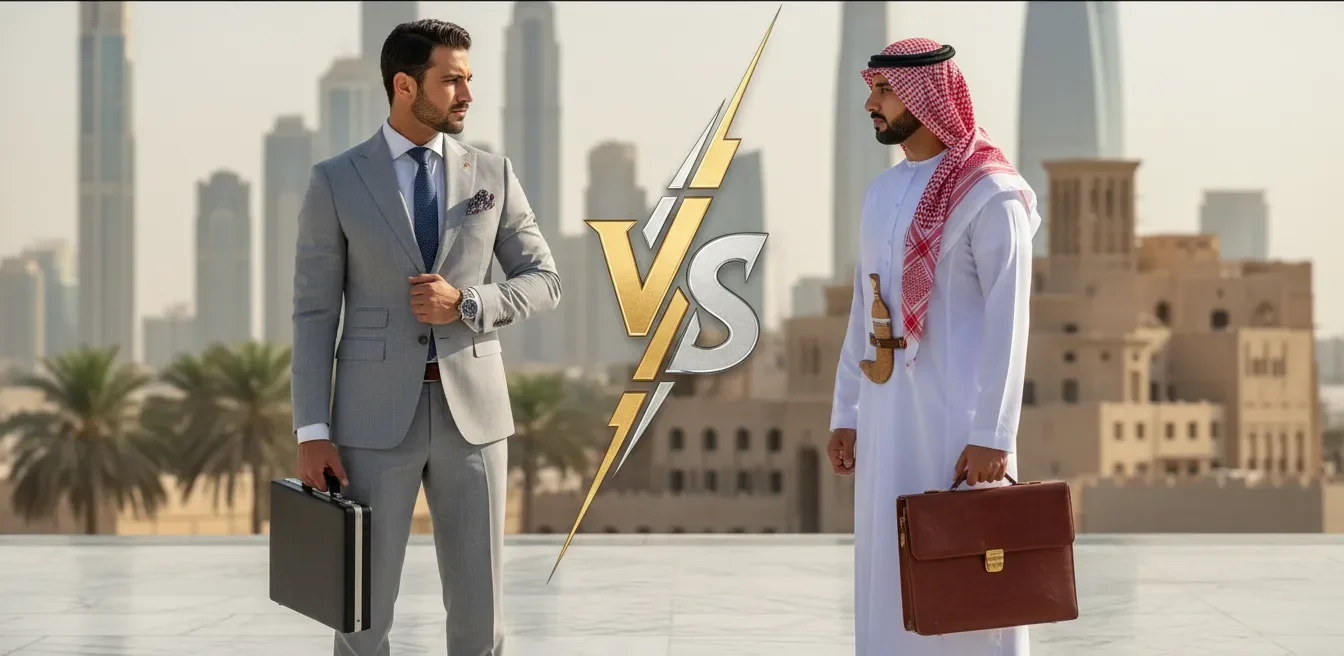 A comparison scale showing Dubai's Burj Khalifa and Riyadh's Kingdom Centre, with "0% Tax" highlighting Dubai's side