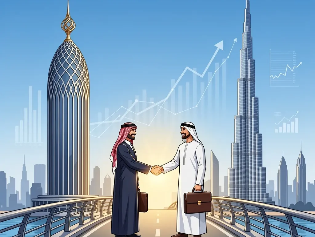 مصافحة عمل بين مستثمر سعودي وشريك إماراتي أمام أبراج دبي والرياض