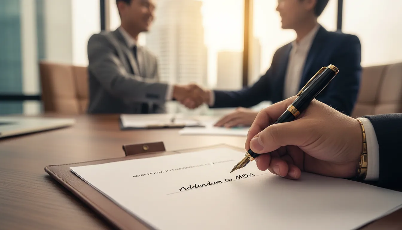 عقد شراكة تجارية يتم توقيعه بقلم حبر على مكتب خشبي