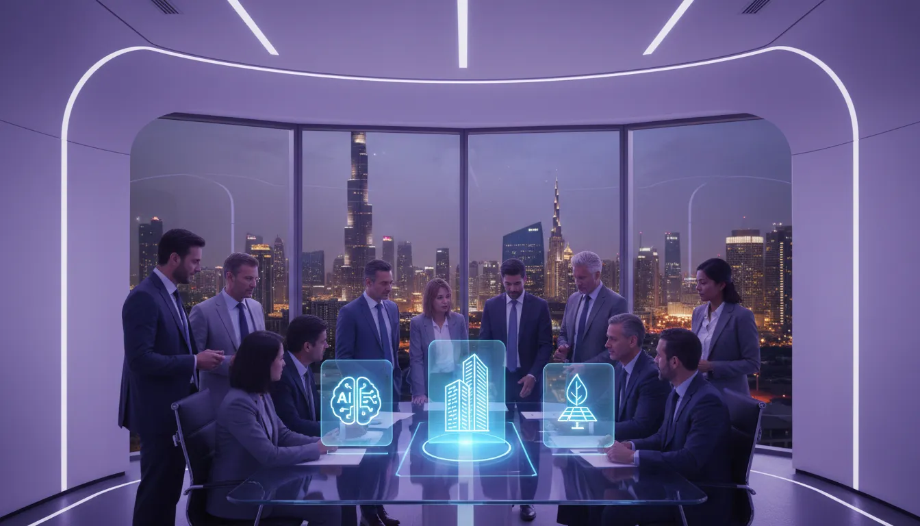 A futuristic concept art of a businessman looking at a digital hologram of Dubai's growth sectors (AI, Real Estate, Tech)
