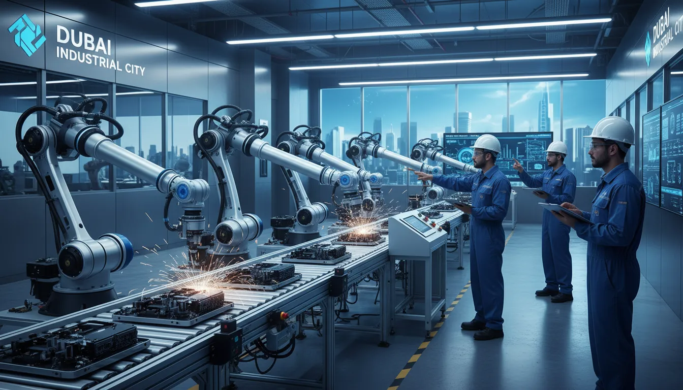 A modern automated factory interior in Dubai Industrial City, with robotic arms assembling products, engineers wearing safety helmets inspecting quality, representing advanced manufacturing and innovation, cool industrial blue tones.