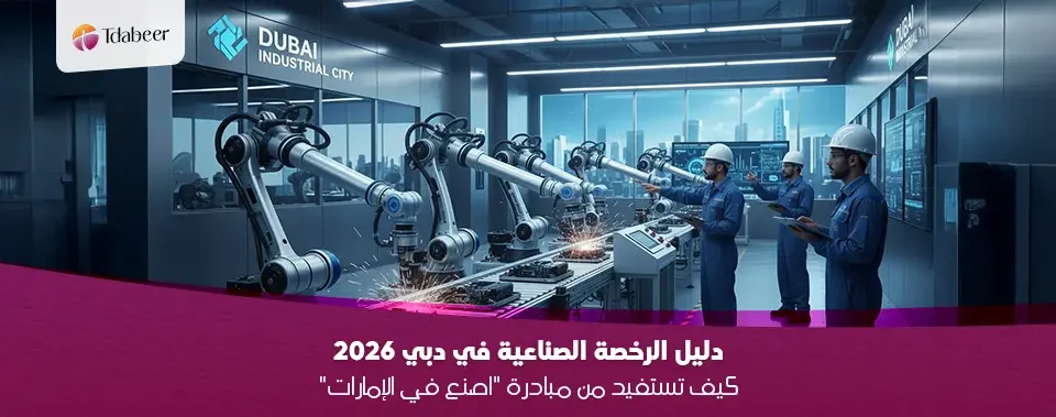 خط إنتاج حديث في مصنع بدبي مع شعار "اصنع في الإمارات"
