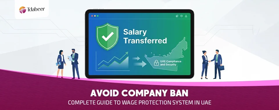 A clean corporate illustration of a digital payroll dashboard on a tablet, showing "Salary Transferred" with a green shield icon (representing protection), connected to a UAE map, symbolizing compliance and security.