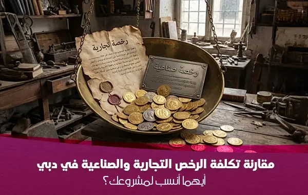 كفة ميزان تزن رخصة تجارية ورخصة صناعية مع عملات ذهبية