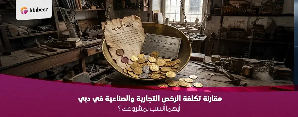 كفة ميزان تزن رخصة تجارية ورخصة صناعية مع عملات ذهبية