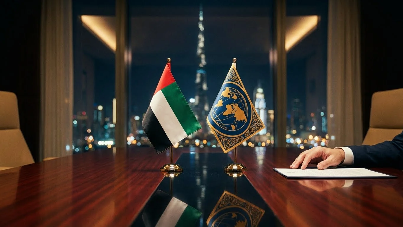 A professional boardroom meeting in Dubai discussing the expansion of a Branch of a Foreign Company in Dubai