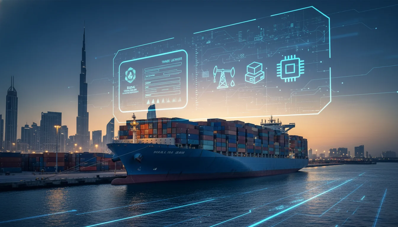 A futuristic digital interface displaying trade data and industry icons overlays a large container ship docked in the Dubai harbor at sunset.