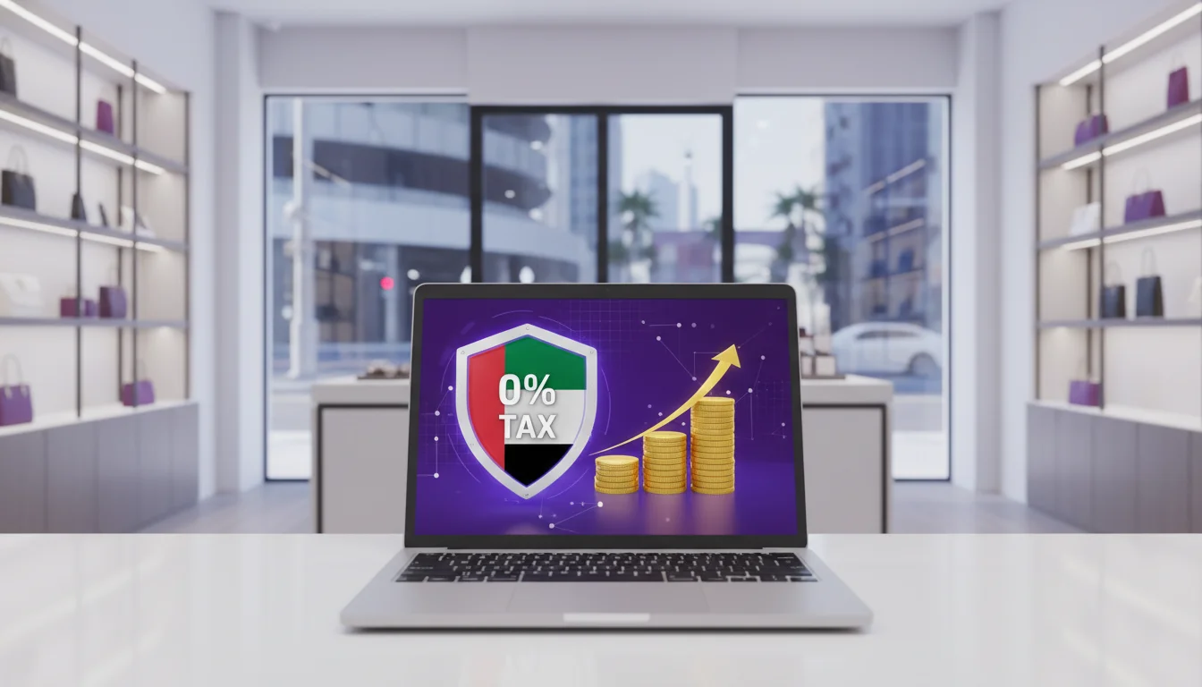A laptop on a wooden desk displays a "0% TAX" graphic featuring the United Arab Emirates flag and gold coins, set against a blurred background of an office interior.