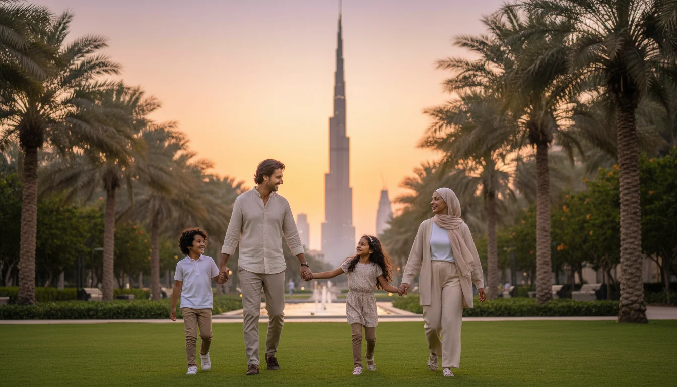 A family of four walks hand-in-hand through a lush park at sunset, with the Burj Khalifa standing prominently in the background.