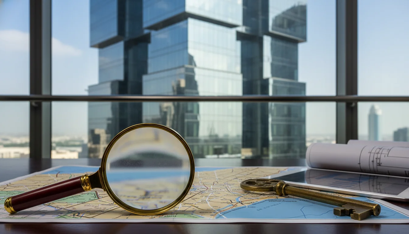 A magnifying glass and golden key lie on a colorful city map in an office overlooking a modern urban skyline.