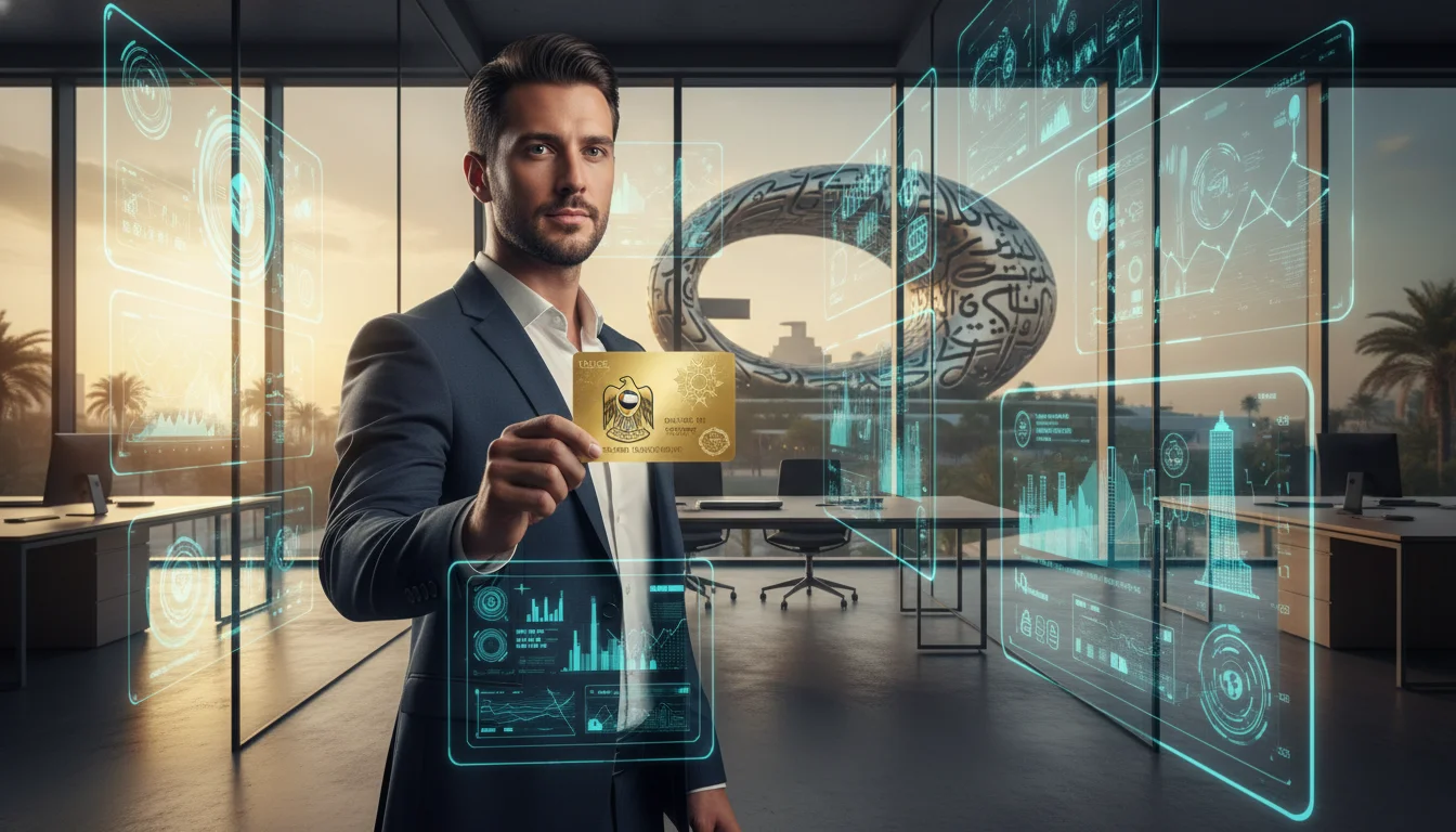 A man in a suit holds a gold credit card amidst glowing holographic data displays in a futuristic office overlooking the Dubai Museum of the Future.