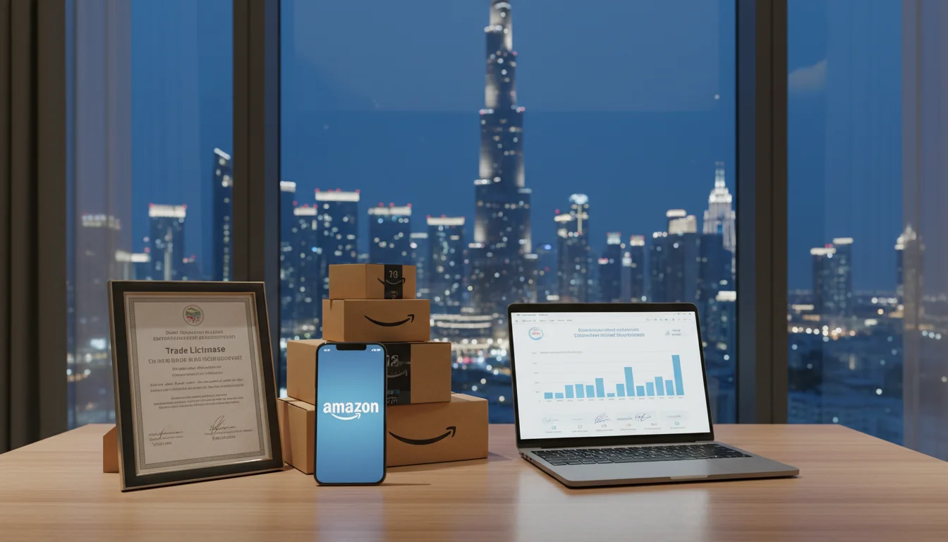 An office desk with a stack of Amazon boxes and a smartphone displaying the Amazon logo, with the Burj Khalifa and the Dubai skyline visible through a window at night.