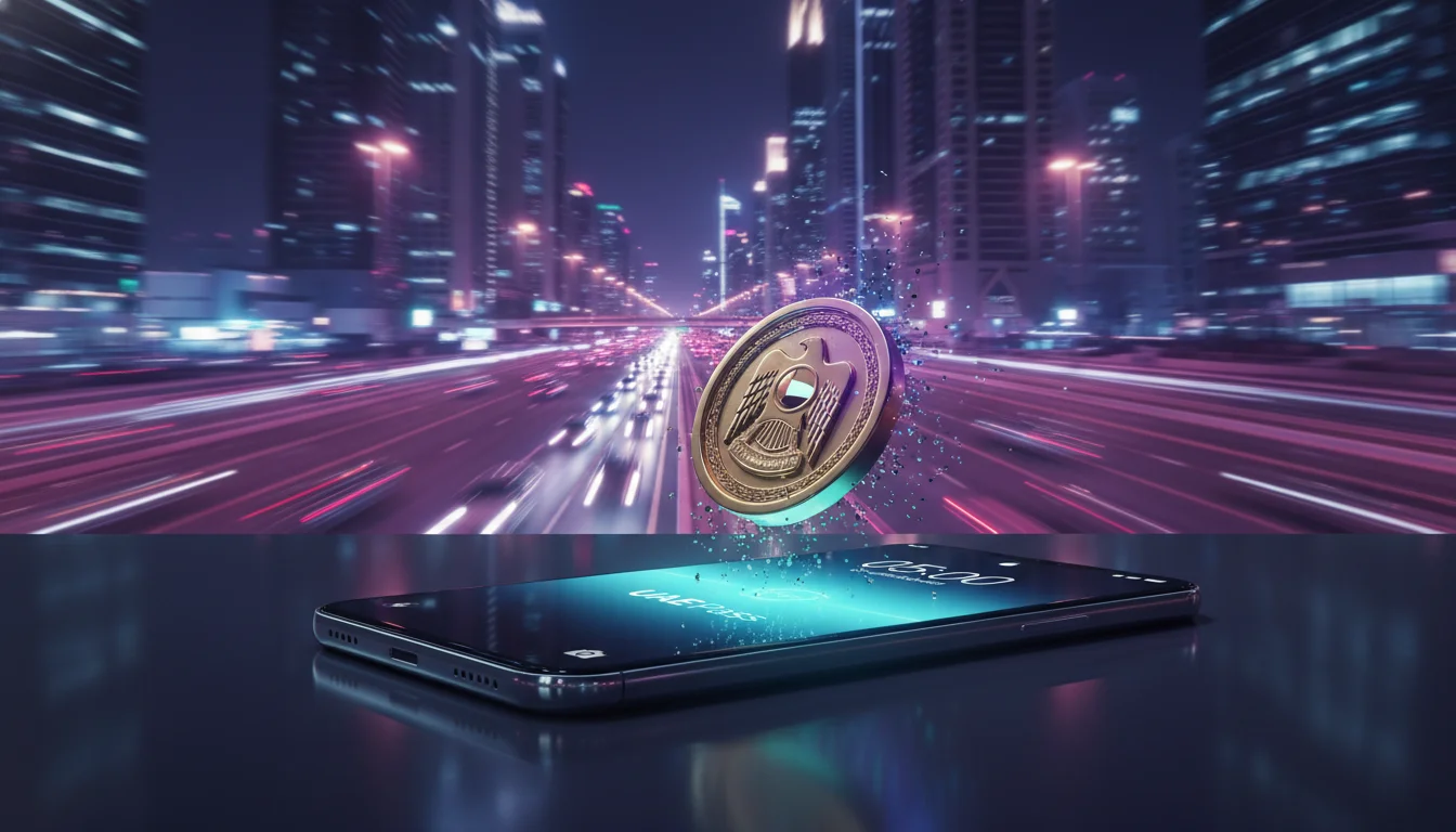 A digital UAE gold coin hovers above a glowing smartphone screen, set against a blurred night scene of a busy city highway and illuminated skyscrapers.