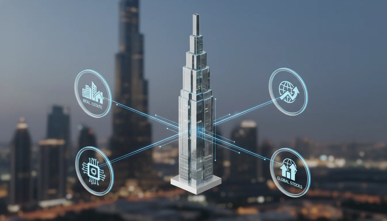 A 3D model of a skyscraper connected by glowing blue lines to four digital icons representing Real Estate, technology, and Global Stocks, set against a blurred cityscape at night.