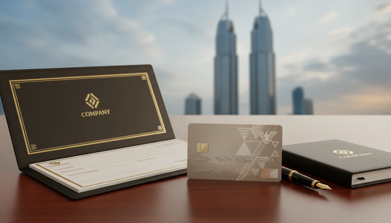 A silver credit card with a globe design stands on a polished wooden desk alongside an open notebook and a gold pen, with blurred skyscrapers in the background.