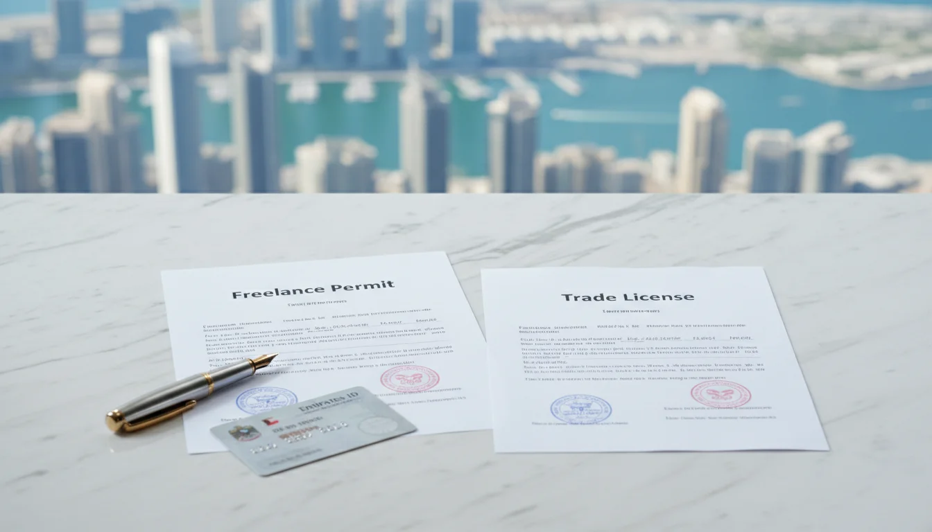 A Freelance Permit and a Trade License document placed on a white marble surface alongside a fountain pen and an Emirates ID. A panoramic view of the Dubai skyline is visible through the window in the background.