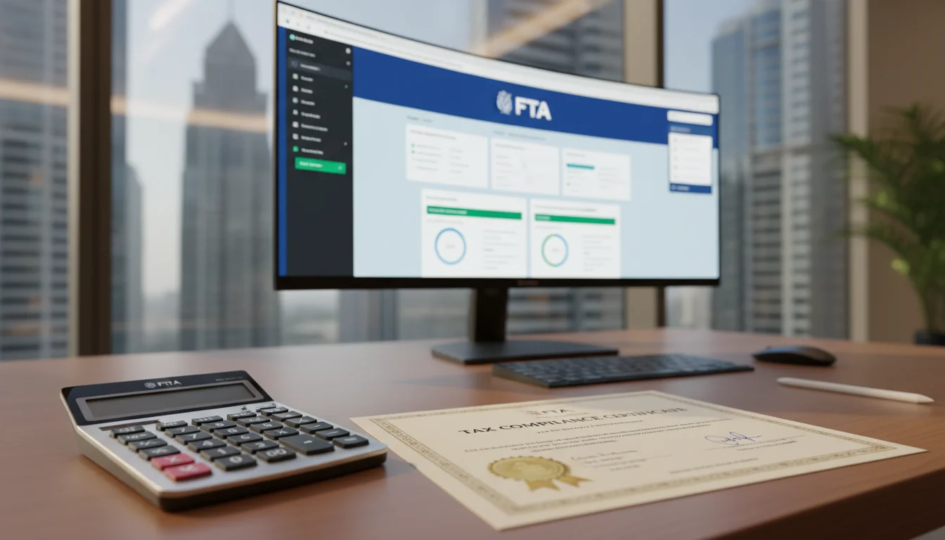 An office desk featuring a tax compliance certificate, a calculator, and a curved computer monitor displaying the FTA tax portal, set against a city skyline backdrop.