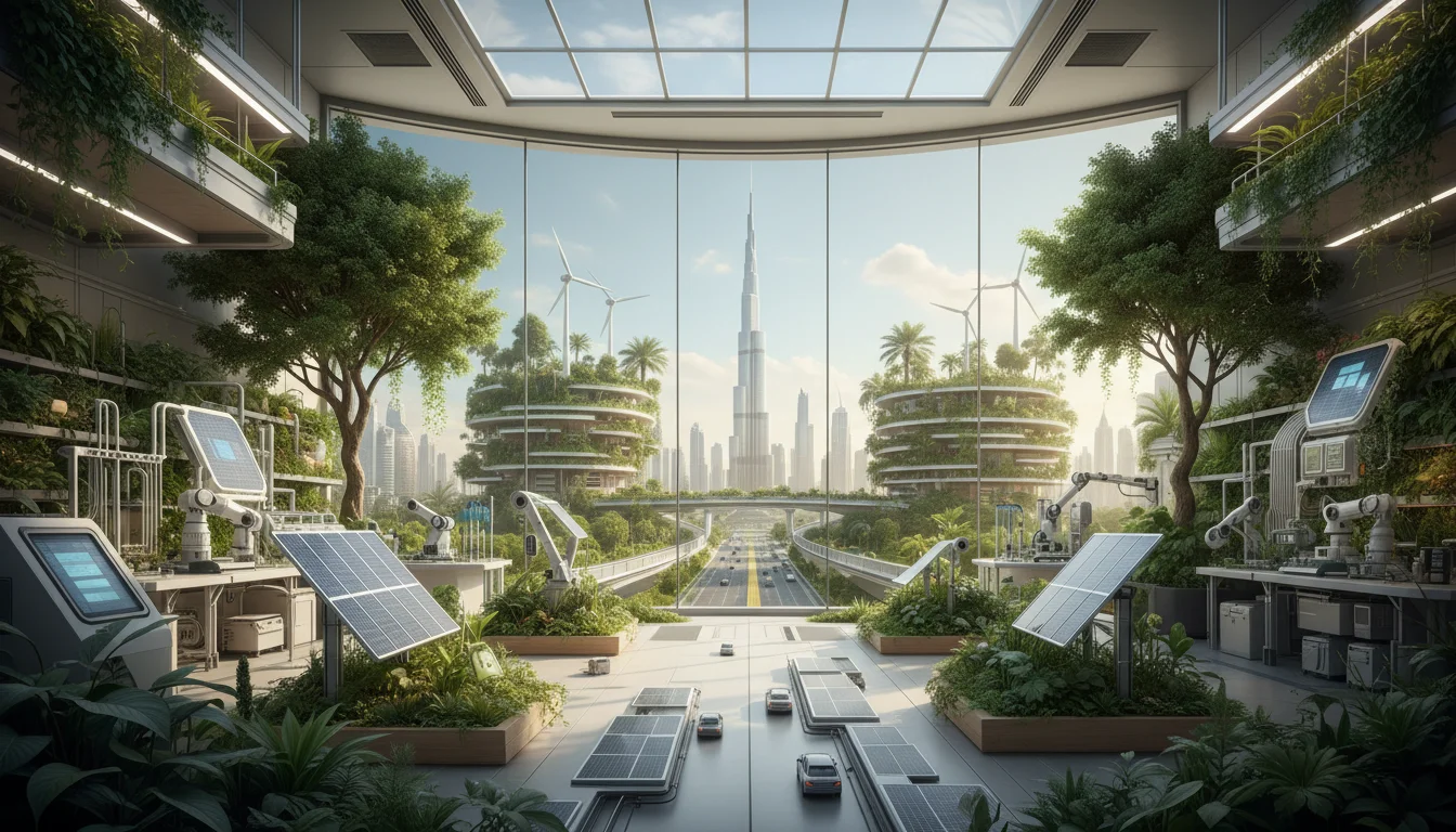 A futuristic indoor laboratory with vertical green walls and robotic arms tending to plants, overlooking a lush, solarpunk-style city with verdant skyscrapers and advanced architecture.