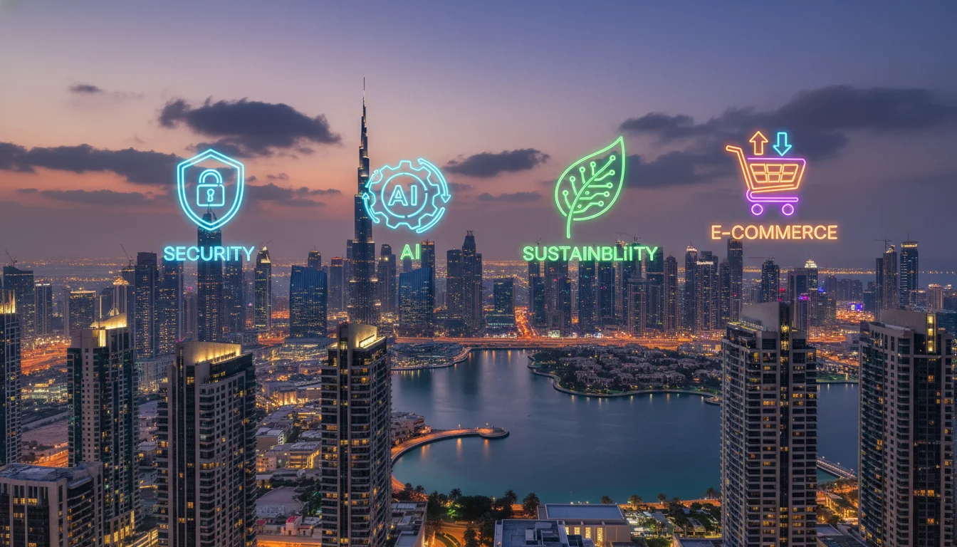 A panoramic view of a modern city skyline at twilight with glowing neon icons representing cybersecurity, artificial intelligence, sustainability, and e-commerce floating above the skyscrapers.