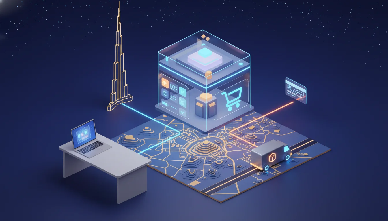 An isometric 3D illustration representing the digital e-commerce ecosystem in Dubai, featuring a glowing storefront connected to a laptop, payment card, and delivery van.