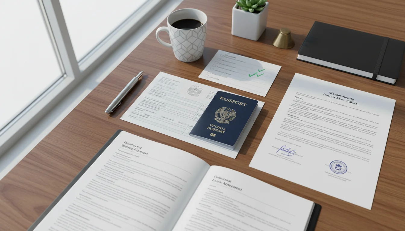 An organized wooden desk featuring a blue passport, official-looking documents with stamps and signatures, a silver pen, a cup of black coffee, and a notebook, suggesting travel or legal preparation.